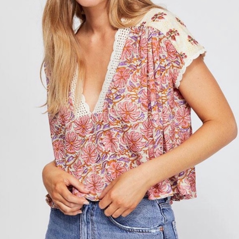 Free People Cropped Floral Leilani Blouse